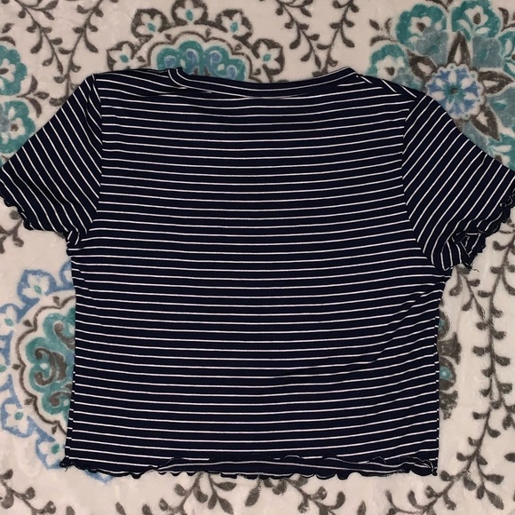 Navy Blue & White Striped Shirt w/ Frilly Openings - Picture 2 of 4